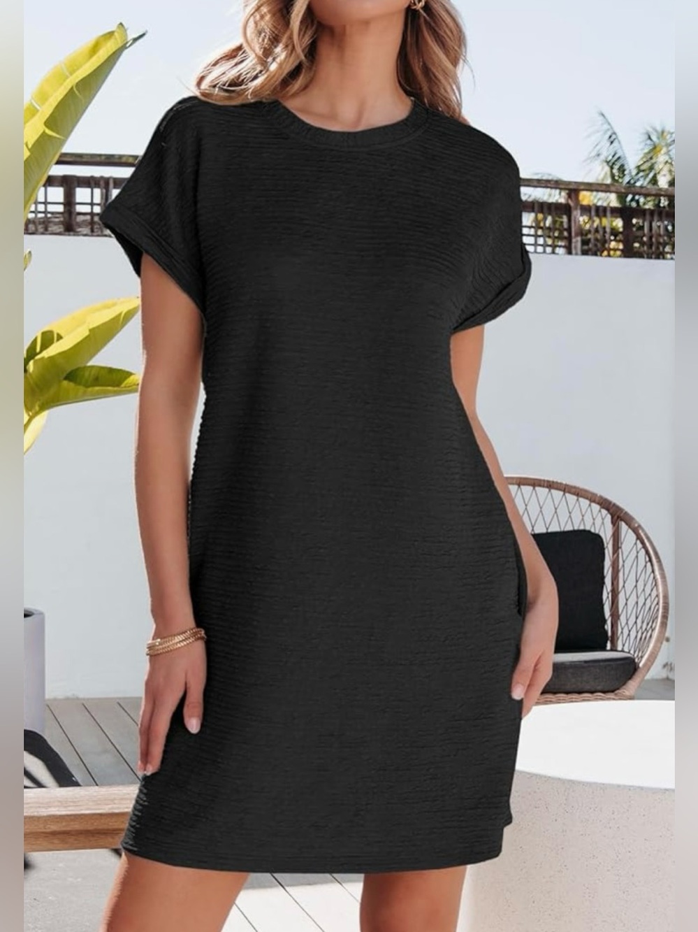 NWOT Casual Short Sleeve Textured Shift Dress in Black YSYAMAO